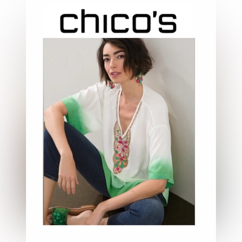 ☀️Chico’s Embellished Kurta Tropic Emerald Ombré Tunic Top - XL - Chico’s size 3